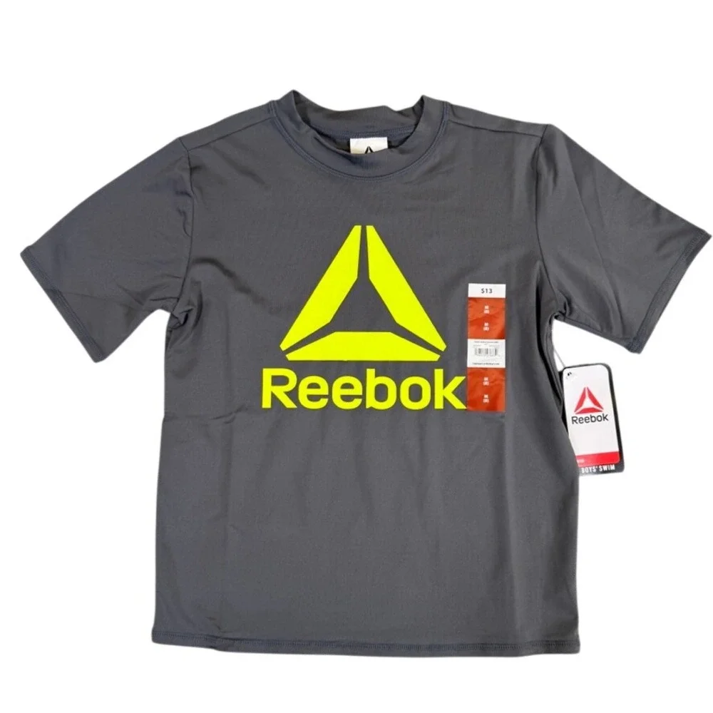 NWT Reebok Boys Grey Neon Yellow Logo Short Sleeve Rash Guard Swim Shirt M 8